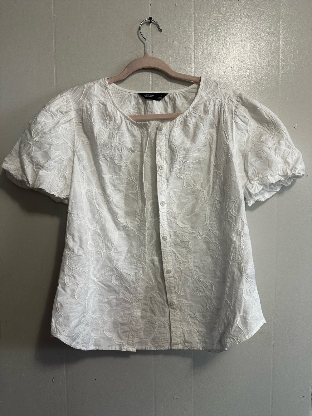 White Embroidered Puff Sleeve Button-Front Top